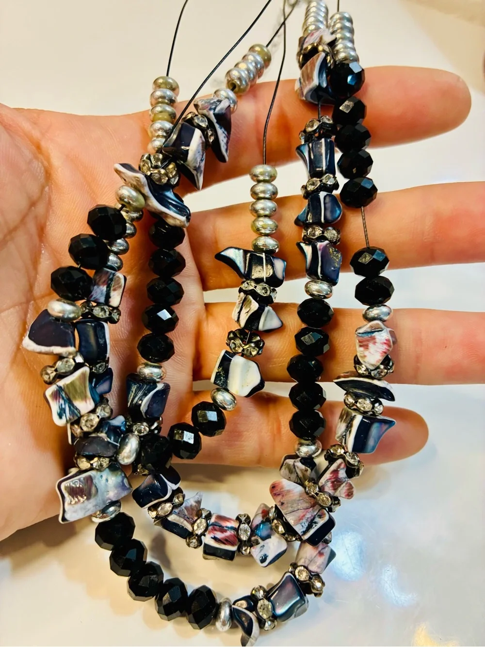 Multi-Strand Mother Of Pearl Chunky BLK & Iridescent Beaded Statement Necklace